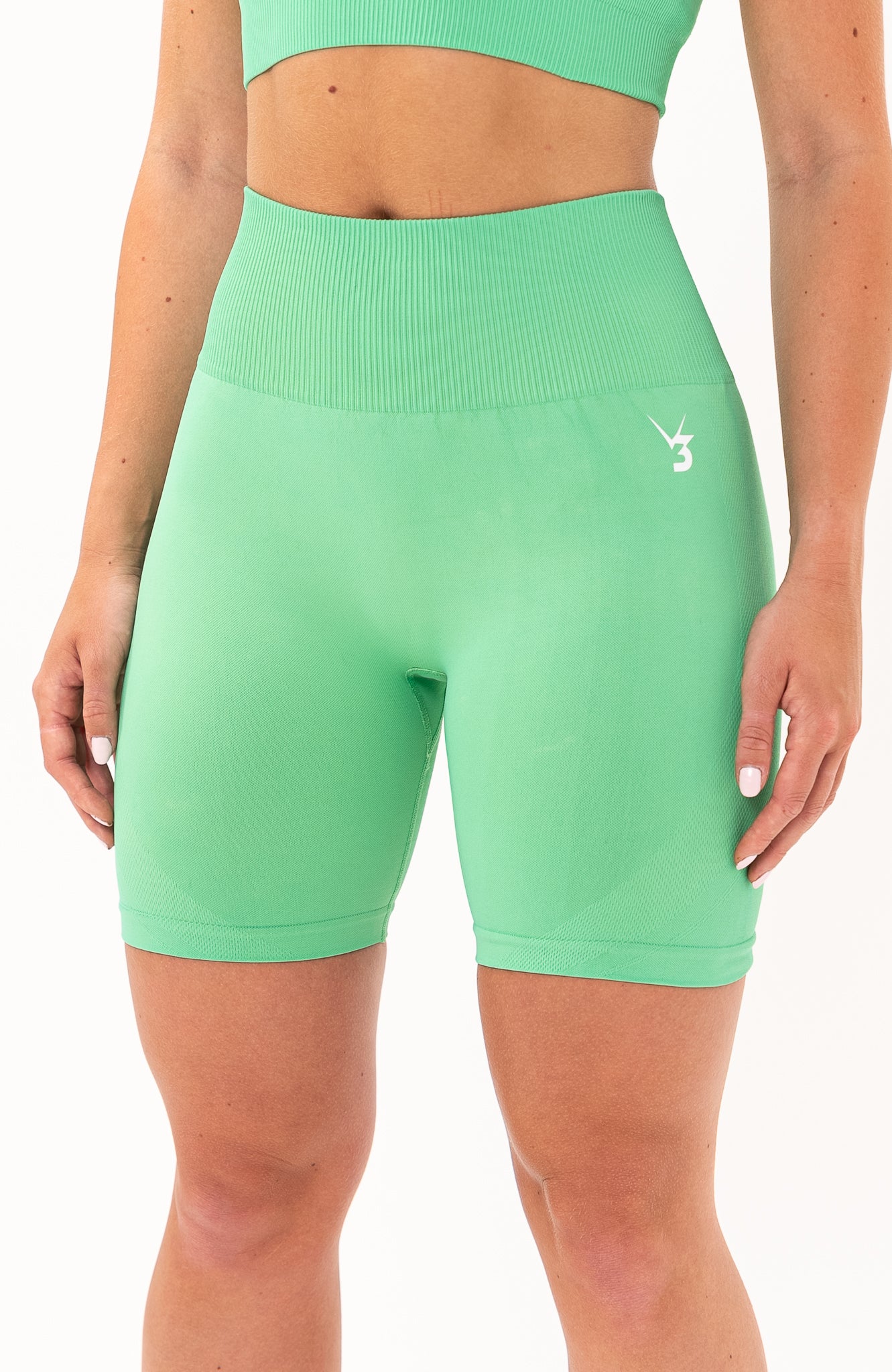 V3 Apparel Women's seamless Limitless high waisted cycle shorts in mint green – Squat proof 5 inch inseam leg bum enhancing shorts for Gym workouts training, Running, yoga, bodybuilding and bikini fitness.